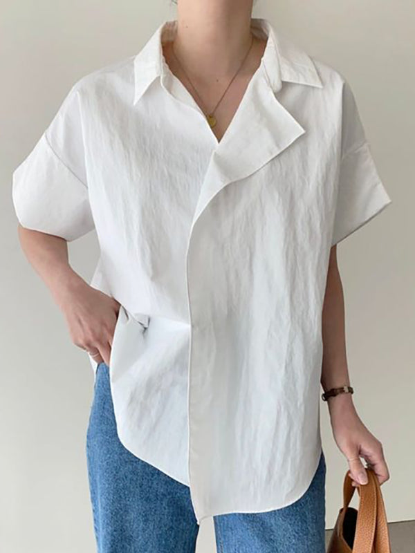 Asymmetric Solid Color Split-Joint Loose Short Sleeves Lapel Blouses&Shirts Tops