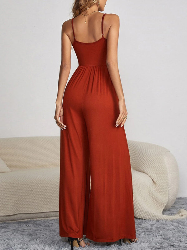 Pleated Split-Joint Sleeveless Wide Leg Spaghetti-Neck Jumpsuits