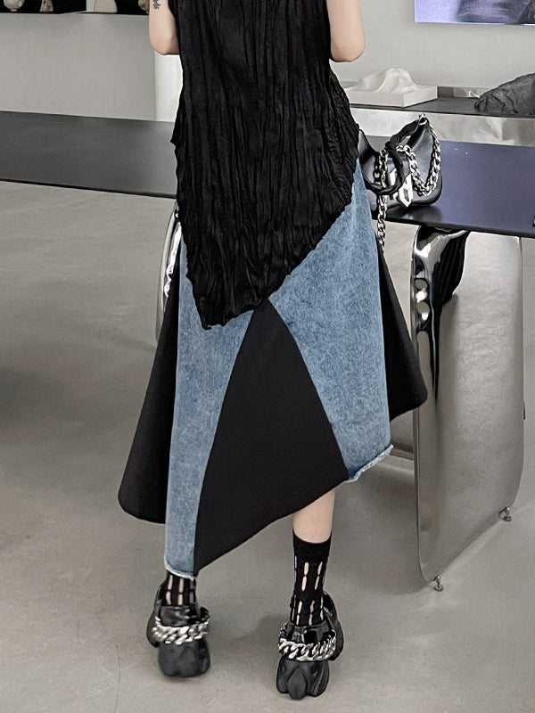 Asymmetric Contrast Color Fringed Pleated Split-Joint Skirts