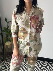 Lapel Long Sleeves Buttoned Flower Print Shirts Top + Ninth Pants Pants Bottom Two Pieces Set