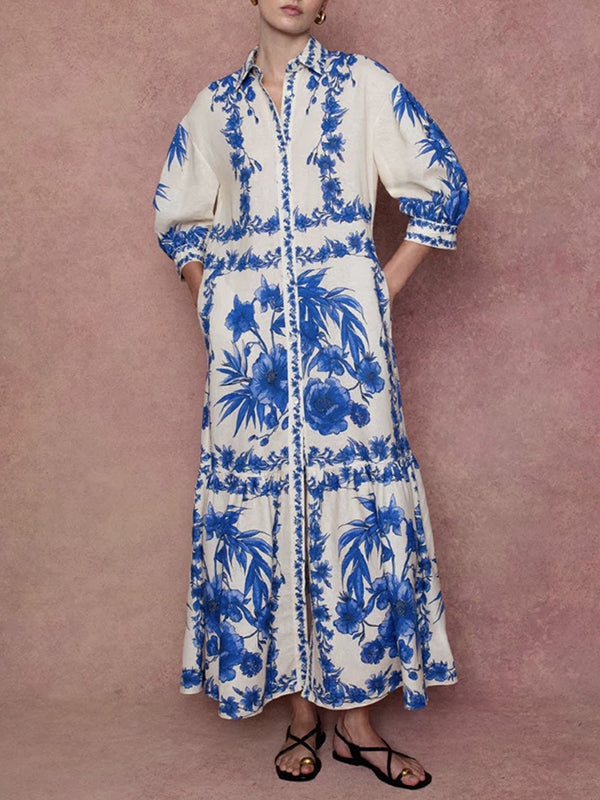 Floral Printed Pleated Split-Joint Tied Waist Loose Puff Sleeves Lapel Shirt Dress Maxi Dresses