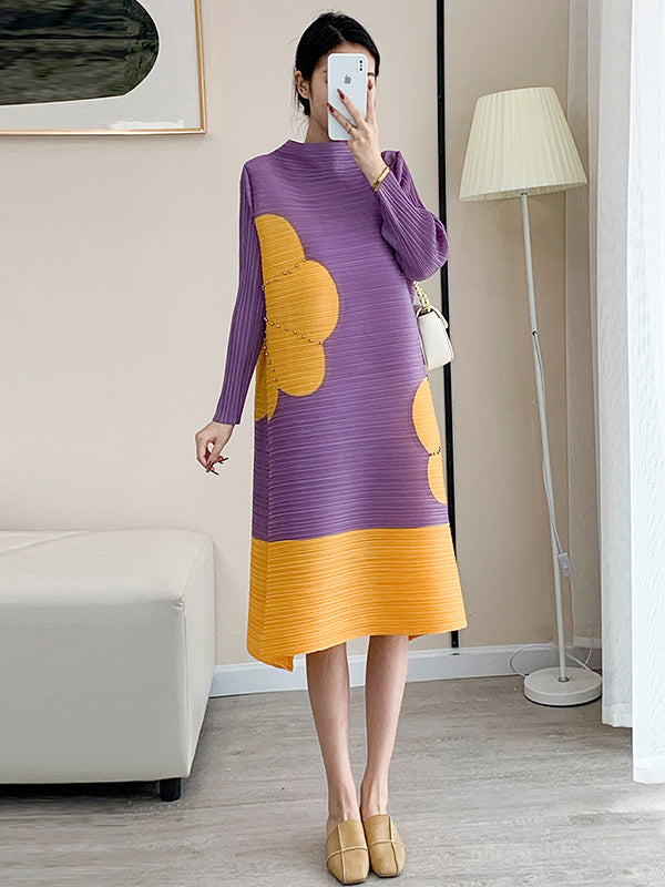 Original Long Sleeves Loose Contrast Color Pleated Beaded Stand Collar Midi Dresses