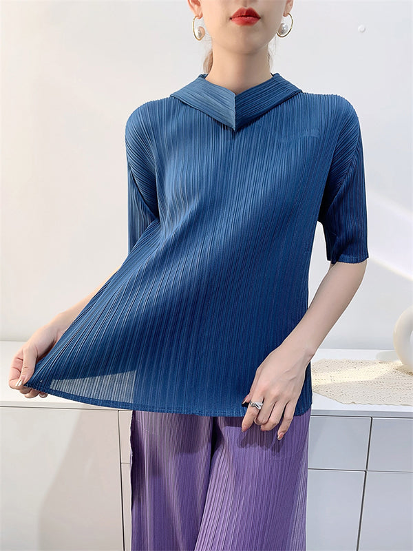 Pleated Solid Color Half Sleeves Hooded Mock Neck T-Shirts Tops