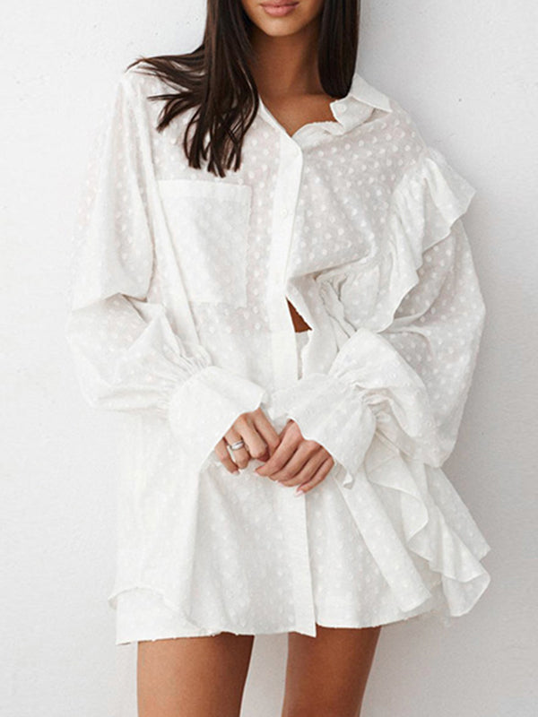 Loose Solid Color Jacquard Ruffled Split-Joint Lapel Blouse + High Waisted Shorts Two Pieces Set