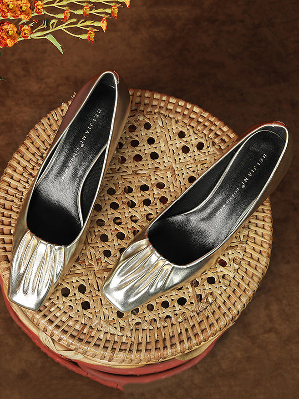 Pleated Shallow Cut Square-Toe Pumps