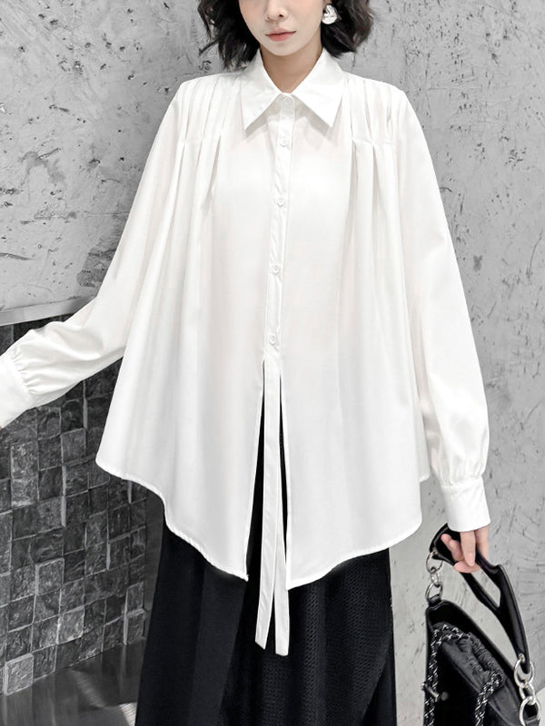 Buttoned Solid Color Split-Joint Streamer Irregularity Long Sleeves Lapel Collar Blouses&Shirts Tops
