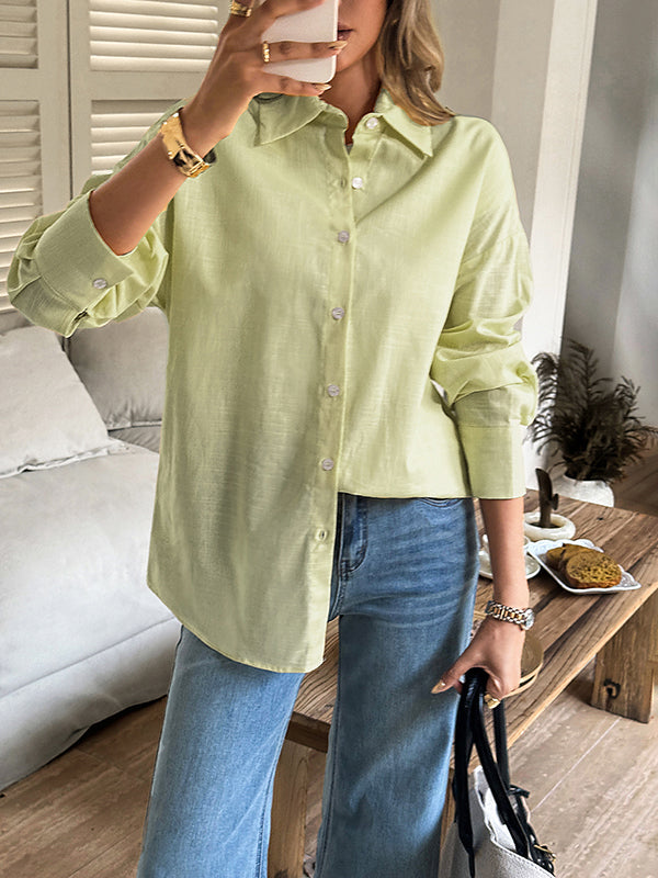 Buttoned Solid Color Long Sleeves Loose Lapel Blouses&shirts Tops