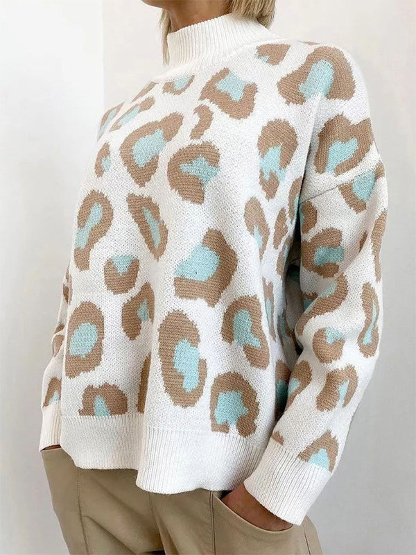 Leopard Long Sleeves Loose Mock Neck Sweater Tops Pullovers