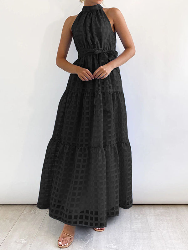 Plaid Ribbed Loose Sleeveless Stand Collar Maxi Dresses