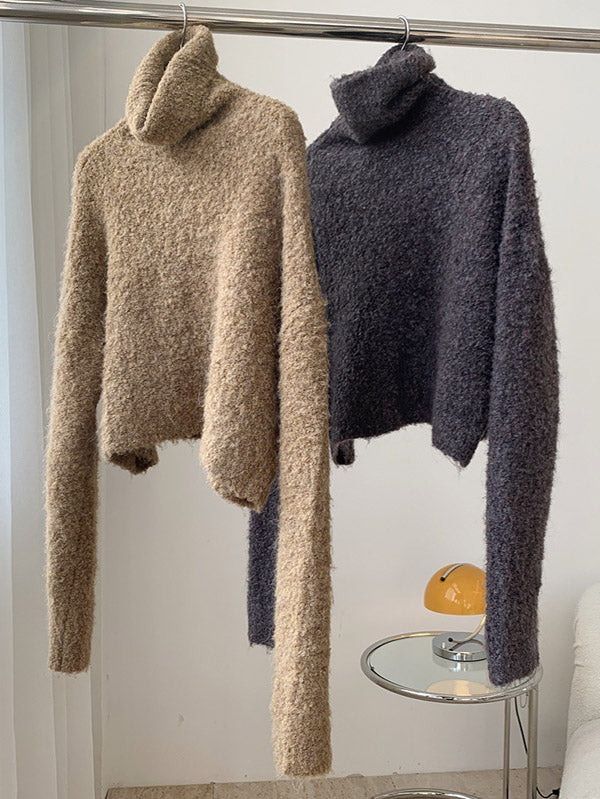 Stylish Solid High-Neck Wool-Blend Sweater