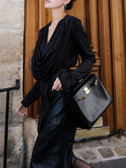 Pleated Solid Color Split-Joint Long Sleeves Loose Heaps Collar Blouses&Shirts Tops