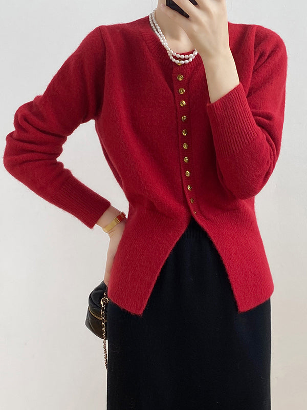 Elegant Long Sleeves Solid Color Round-Neck Cardigan Tops