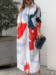 Printed Long Sleeves Loose Lapel Collar Maxi Dresses