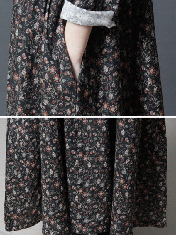 Vintage Floral Stand Collar Midi Dress