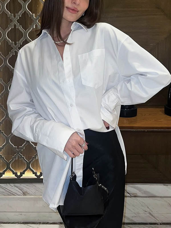 Buttoned Pockets Solid Color Long Sleeves Loose Lapel Blouses&Shirts Tops