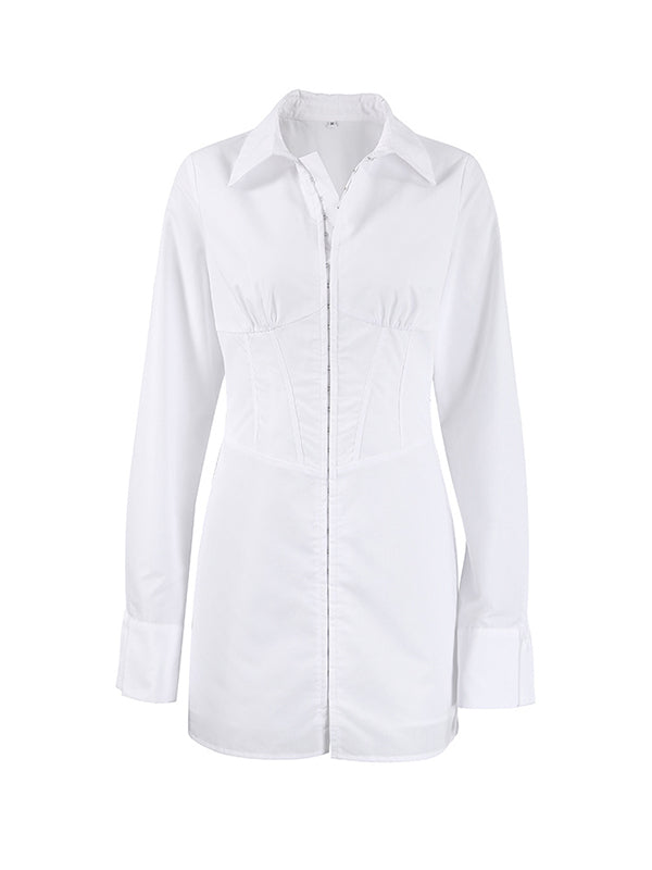 Buckle Solid Color Split-Front High Waisted Long Sleeves Lapel Mini Dresses