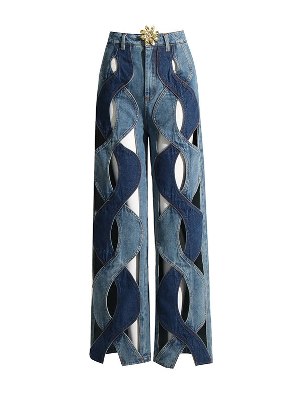 Flower Shape Hollow High Waisted Straight Leg Jean Pants Bottoms