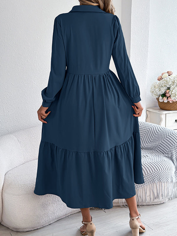 Pleated Ruffled Solid Color High Waisted Long Sleeves Lapel Shirt Dress Midi Dresses