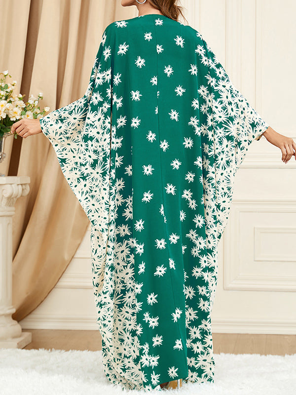 Flower Print Muslim Split-Front Batwing Sleeves Loose Round-Neck Maxi Dresses