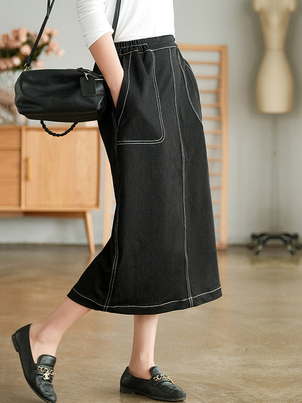 Simple Split-Joint Side Pocket A-Line Denim Skirt