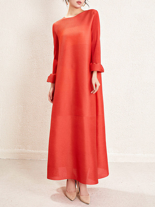 Pleated Solid Color A-Line Loose Round-Neck Maxi Dresses