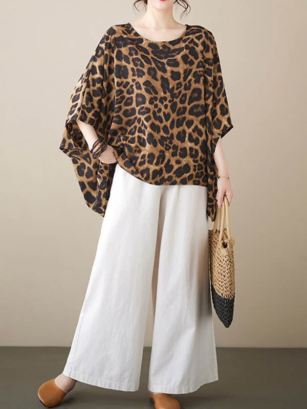 Leopard Batwing Sleeves Loose Round-Neck T-Shirts Tops