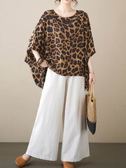 Leopard Batwing Sleeves Loose Round-Neck T-Shirts Tops