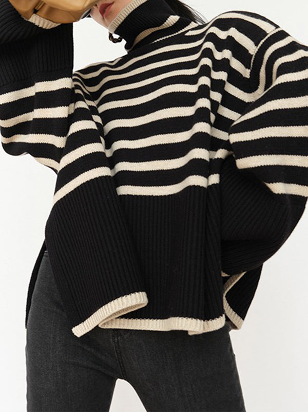 Contrast Color Split-Joint Split-Side Striped Long Sleeves Loose High Neck Sweater Tops