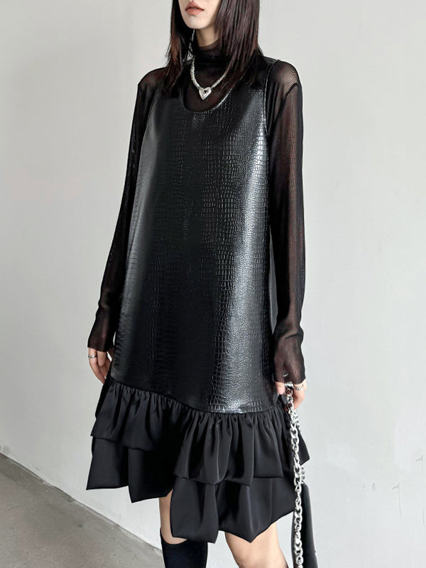 Pleated Split-Joint A-Line Loose U-Neck Mini Dresses