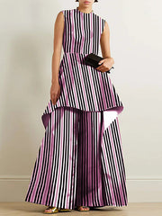 Split-Joint Striped High Waisted Loose Round-Neck Jumpsuits