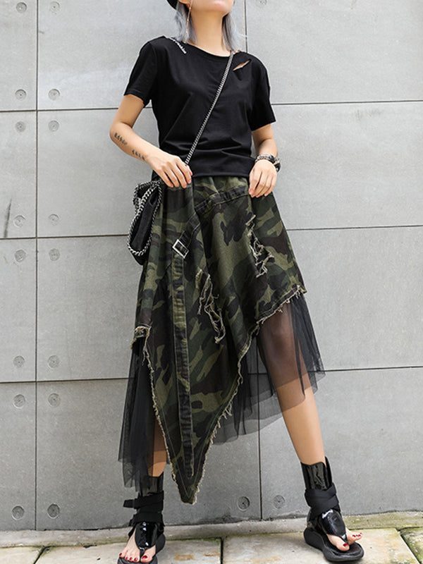 Asymmetric Camouflage Elasticity Fringed Mesh Split-Joint A-Line Loose Skirts Bottoms