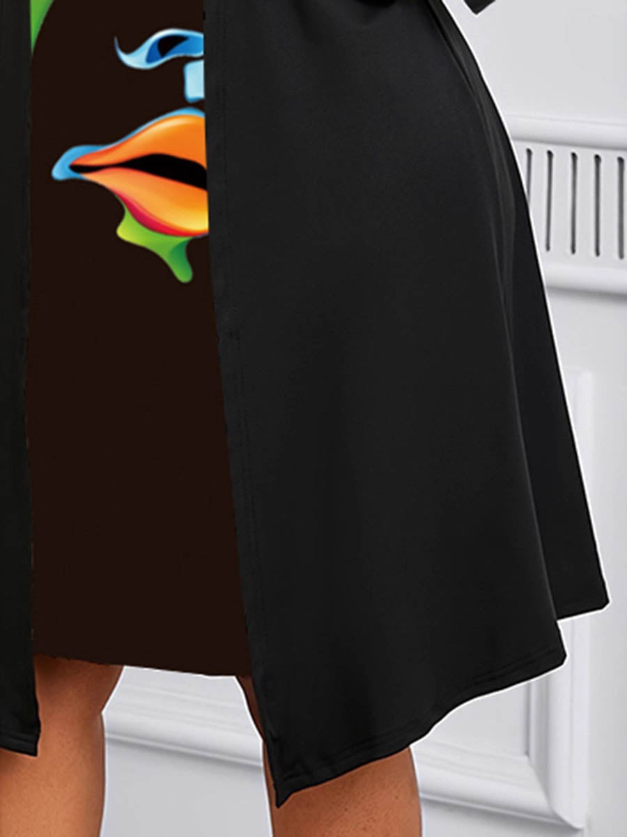 Buttoned Contrast Color Human Pattern Print Split-Joint A-Line False Two Square-Neck Midi Dresses