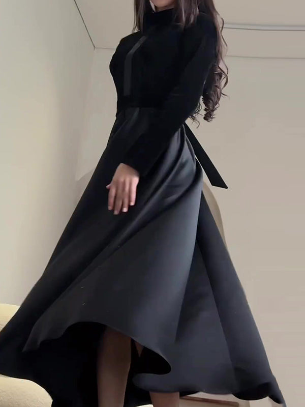 Pleated Split-Joint Zipper A-Line Long Sleeves Mock Neck Maxi Dresses