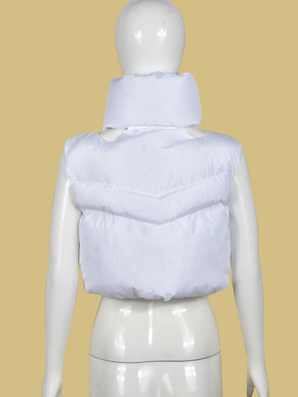Hollow Solid Color Zipper Loose Sleeveless Stand Collar Padded Vest