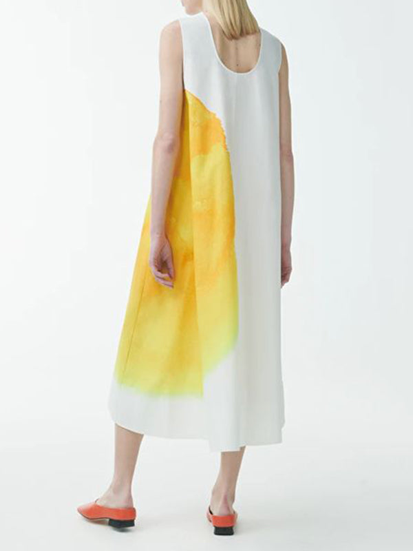 Flower Print Pockets A-line Loose Round-neck Midi Dresses