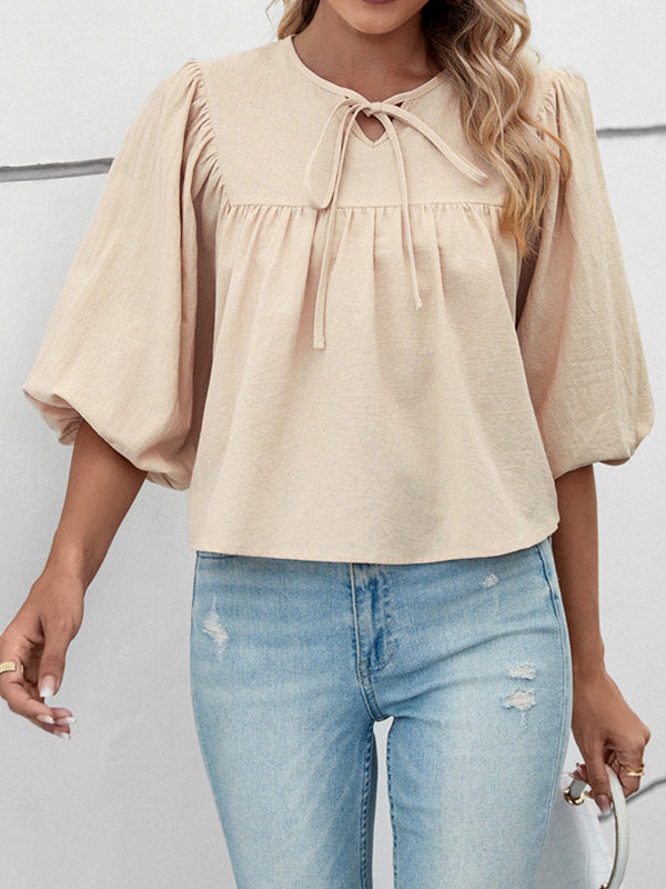 Elasticity Pleated Solid Color Split-Joint Tied Half Sleeves Loose Round-Neck T-Shirts Tops