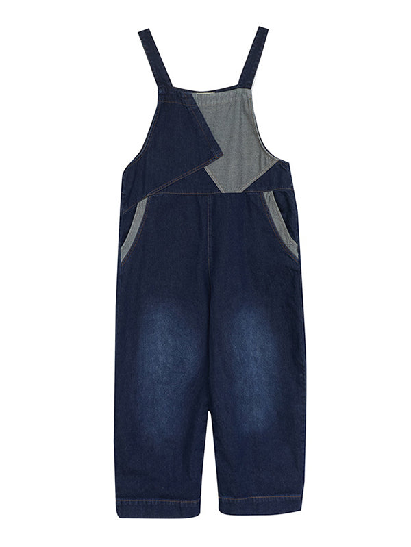 Casual Denim Contrast Color Split-Joint Overalls