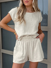 Round-Neck Loose Sleeveless Solid Color Split-Joint Vest Top + Elasticity Shorts Bottom Two Pieces Set
