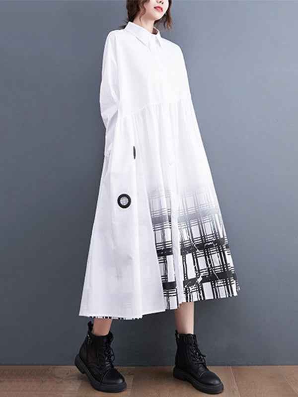 Buttoned Gradient Plaid A-Line Long Sleeves Lapel Midi Dresses
