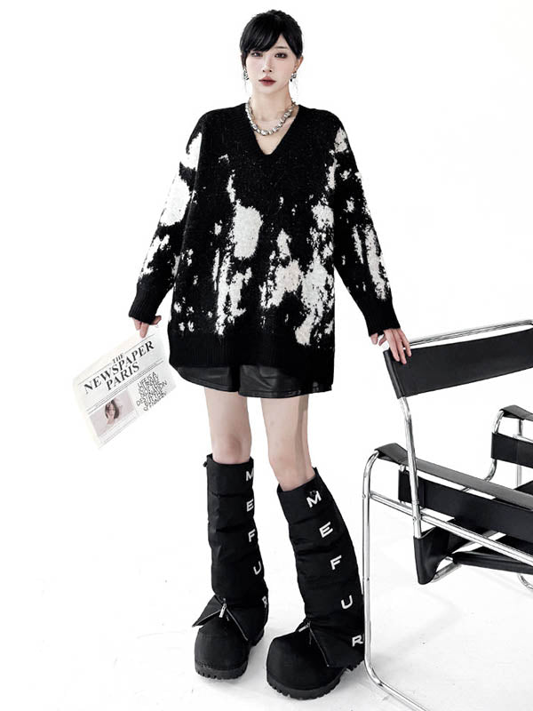 Abstract Printed Contrast Color Ribs Split-Joint Long Sleeves Loose V-Neck Sweater Tops