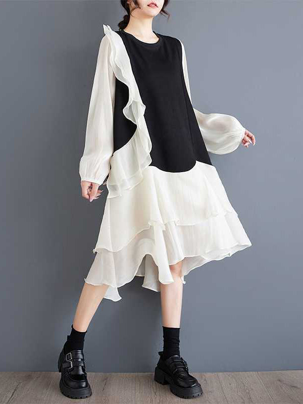 Contrast Color Ruffle Trim Split-Joint High-Low Long Sleeves Round-Neck Midi Dresses