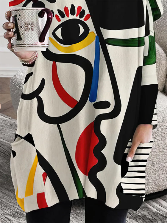 Long Sleeves Loose Abstract Printed Contrast Color Figure Printed Round-Neck T-Shirts Tops