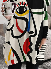 Long Sleeves Loose Abstract Printed Contrast Color Figure Printed Round-Neck T-Shirts Tops