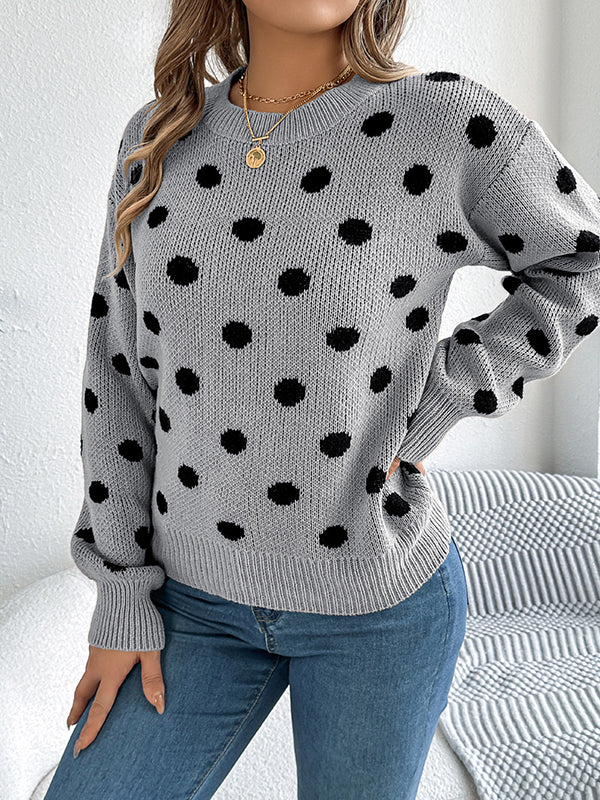 Contrast Color Polka-Dot Long Sleeves Loose Round-Neck Sweater Tops Pullovers