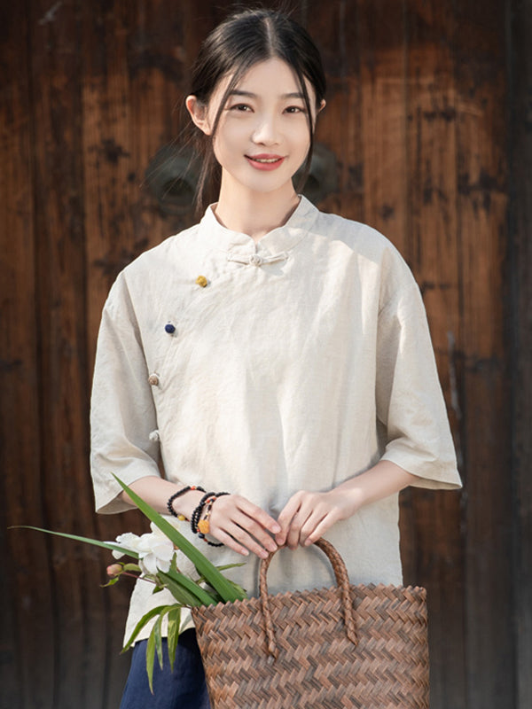 Artistic Retro Loose Half Sleeves Buttoned Contrast Color Stand Collar Blouses&Shirts Tops