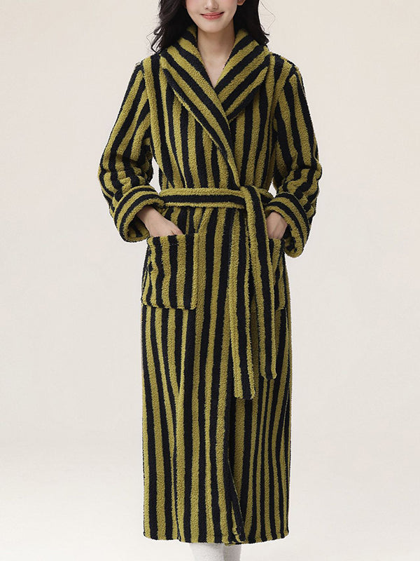 Split-Joint Striped Tied Waist Long Sleeves Loose Lapel Robes