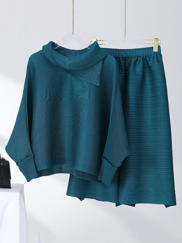 Simple Loose Long Sleeves Pleated Solid Color High-Neck T-Shirt Top&Wide Legs Pants Two Pieces Set