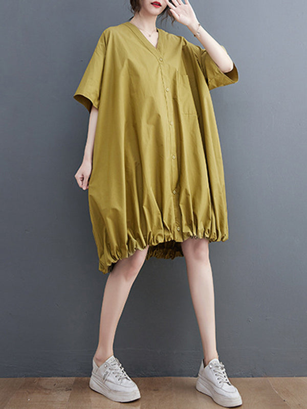 Elasticity Solid Color Half Sleeves Loose V-Neck Mini Dresses