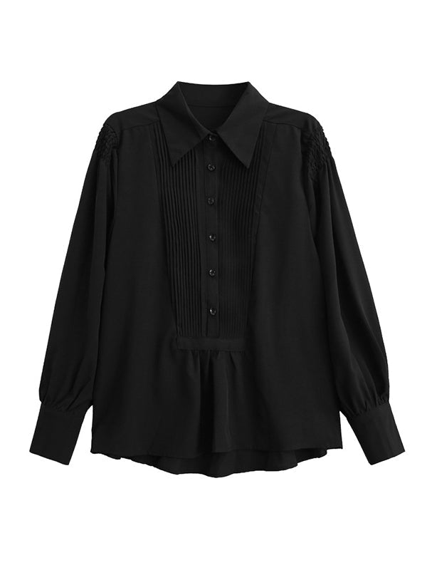 Buttoned Pleated Solid Color Long Sleeves Loose Polo Blouses&Shirts Tops