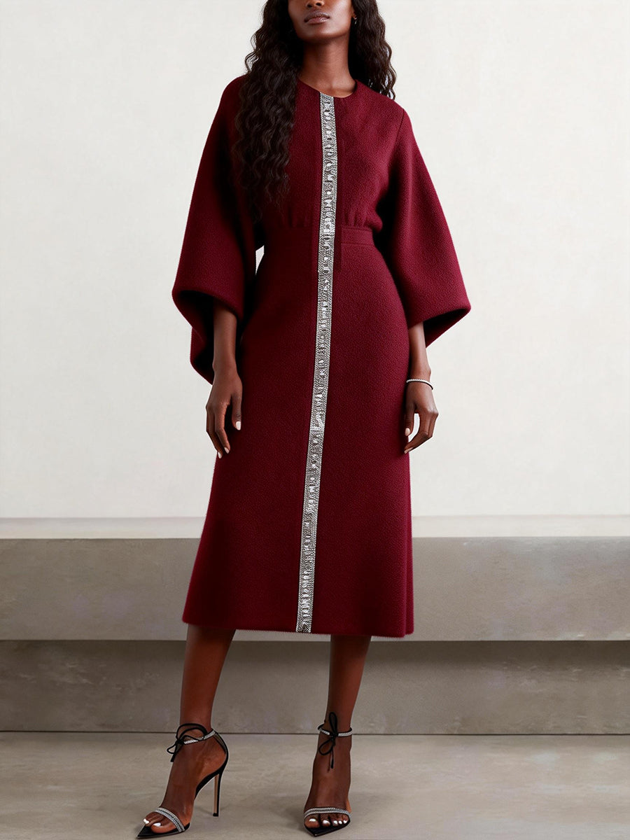 Contrast Color Pleated Printed Split-Joint Batwing Sleeves Elasticated Waist Round-Neck Midi Dresses